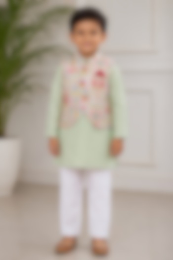 Mint Green Kurta Set With Embroidered Bundi Jacket For Boys by Kirti Agarwal Pret n Couture at Pernia's Pop Up Shop