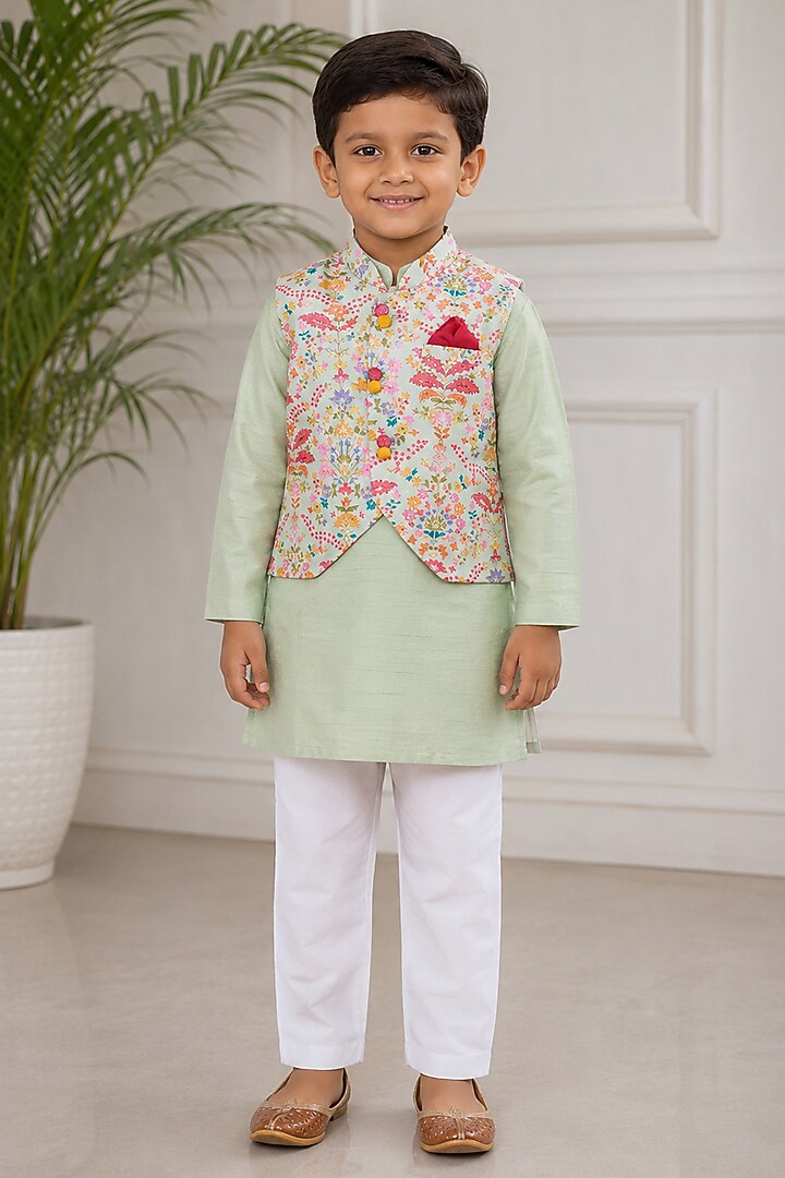 Mint Green Kurta Set With Embroidered Bundi Jacket For Boys by Kirti Agarwal Pret n Couture at Pernia's Pop Up Shop