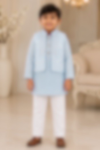 Powder Blue Kurta Set With Embroidered Bundi Jacket For Boys by Kirti Agarwal Pret n Couture at Pernia's Pop Up Shop