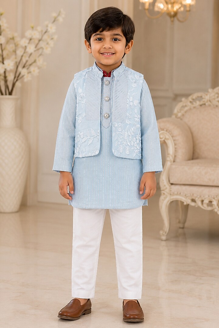 Powder Blue Kurta Set With Embroidered Bundi Jacket For Boys by Kirti Agarwal Pret n Couture at Pernia's Pop Up Shop