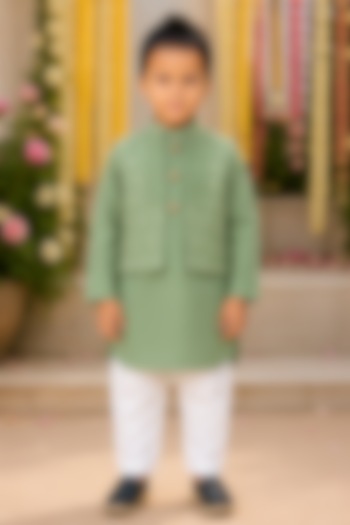 Absinthe Green Kurta Set With Embroidered Bundi Jacket For Boys by Kirti Agarwal Pret n Couture at Pernia's Pop Up Shop