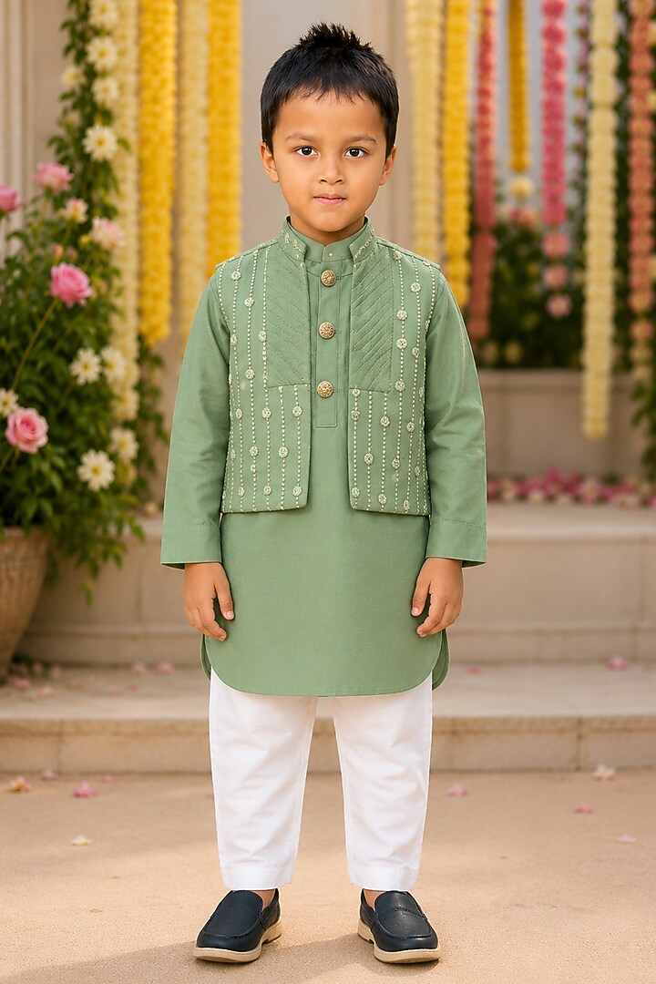 Absinthe Green Kurta Set With Embroidered Bundi Jacket For Boys by Kirti Agarwal Pret n Couture at Pernia's Pop Up Shop