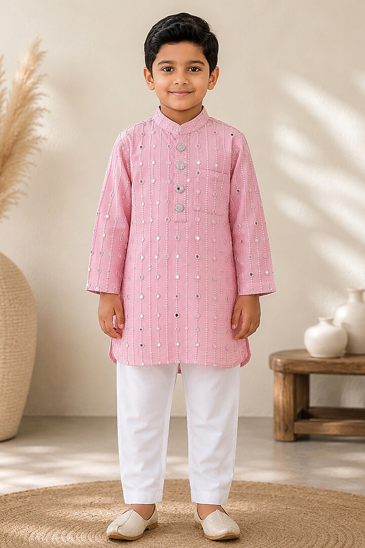 Baby Pink Embroidered Kurta Set For Boys by Kirti Agarwal Pret n Couture at Pernia's Pop Up Shop
