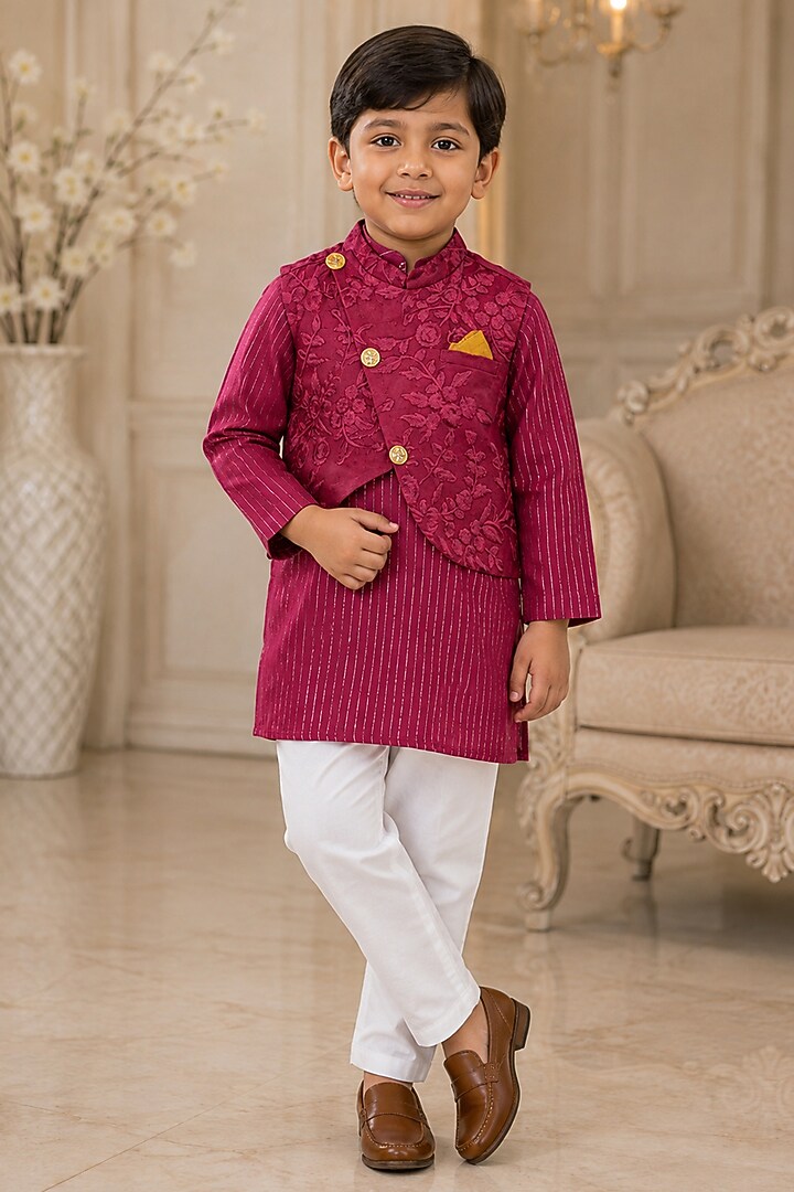 Reddish Pink Kurta Set With Embroidered Bundi Jacket For Boys by Kirti Agarwal Pret n Couture at Pernia's Pop Up Shop
