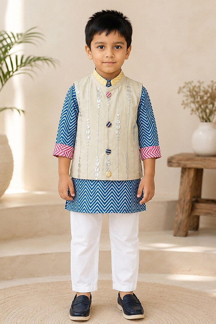 Cobalt Blue Printed Kurta Set With Bundi Jacket For Boys by Kirti Agarwal Pret n Couture at Pernia's Pop Up Shop