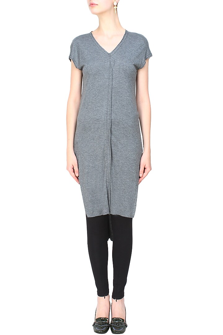 Kapda by Urvashi Kaur presents Grey jersey asymmetric sleeveless long top available only at Pernia's Pop Up Shop.