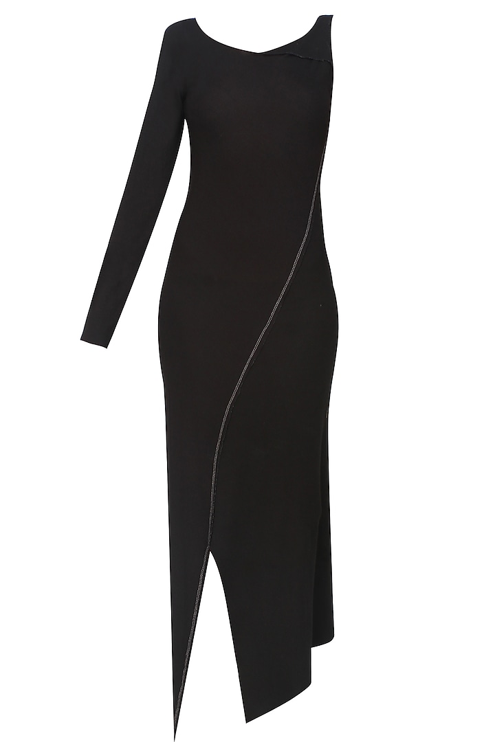 Kapda by Urvashi Kaur presents Black rib panelled single sleeved jersey dress available only at Pernia's Pop Up Shop.