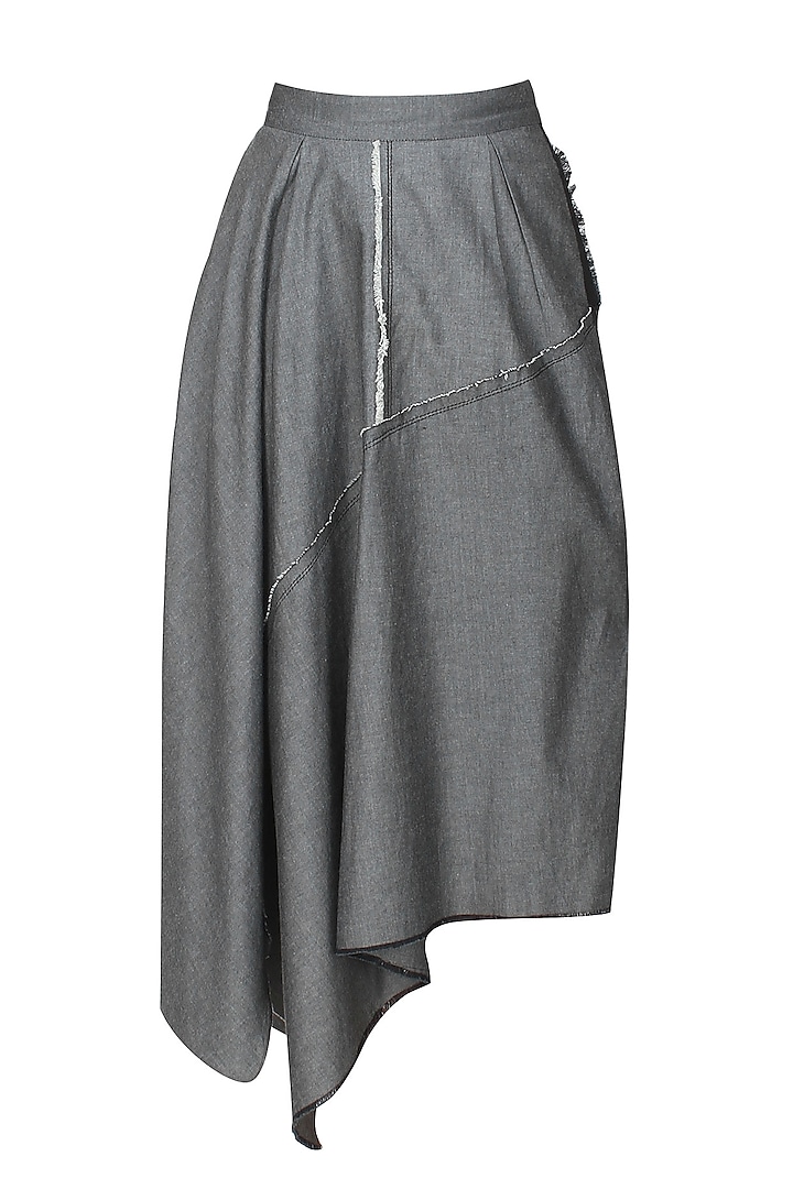 Grey denim asymmetric waterfall skirt by Kapda By Urvashi Kaur