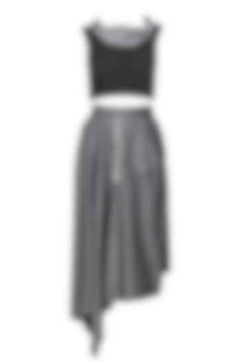 Kapda by Urvashi Kaur presents Black and grey woven jersey cowl neck crop top available only at Pernia's Pop Up Shop.