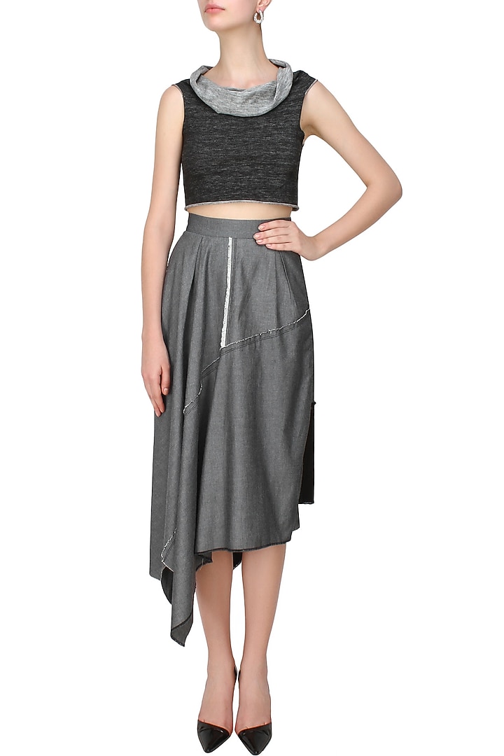 Kapda by Urvashi Kaur presents Black and grey woven jersey cowl neck crop top available only at Pernia's Pop Up Shop.