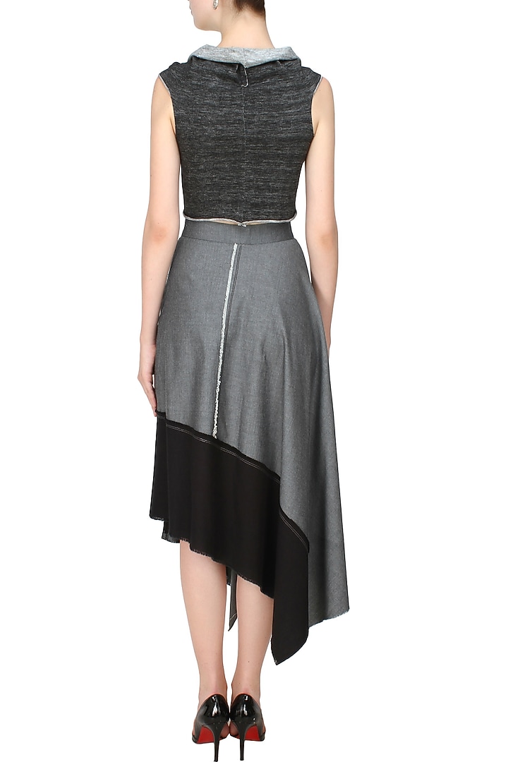 Kapda by Urvashi Kaur presents Black and grey woven jersey cowl neck crop top available only at Pernia's Pop Up Shop.