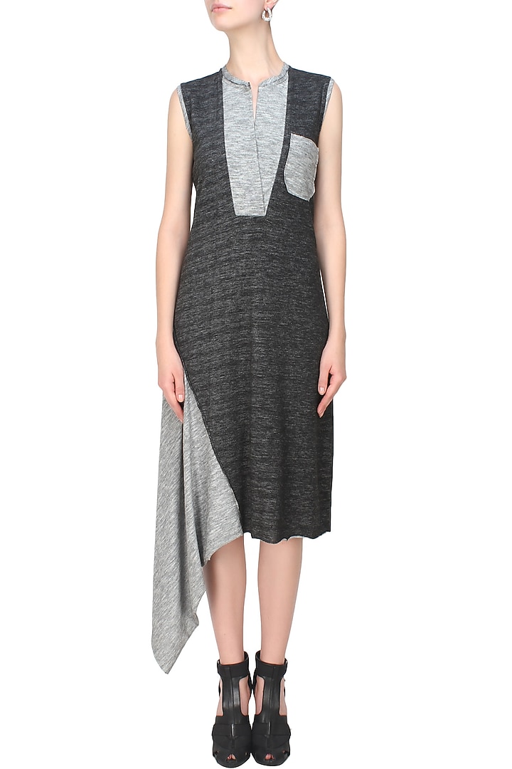 Kapda by Urvashi Kaur presents Black and grey woven jersey asymmetric dress available only at Pernia's Pop Up Shop.