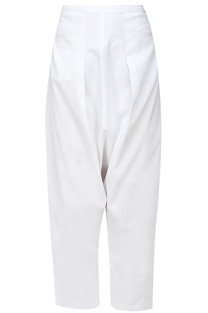 White cotton jersey trouser pants by Kapda By Urvashi Kaur
