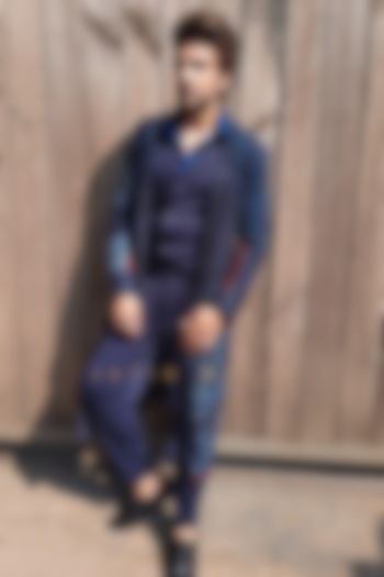 Teal Blue Hand Painted Jacket With Kurta by Jatin Malik at Pernia's Pop Up Shop