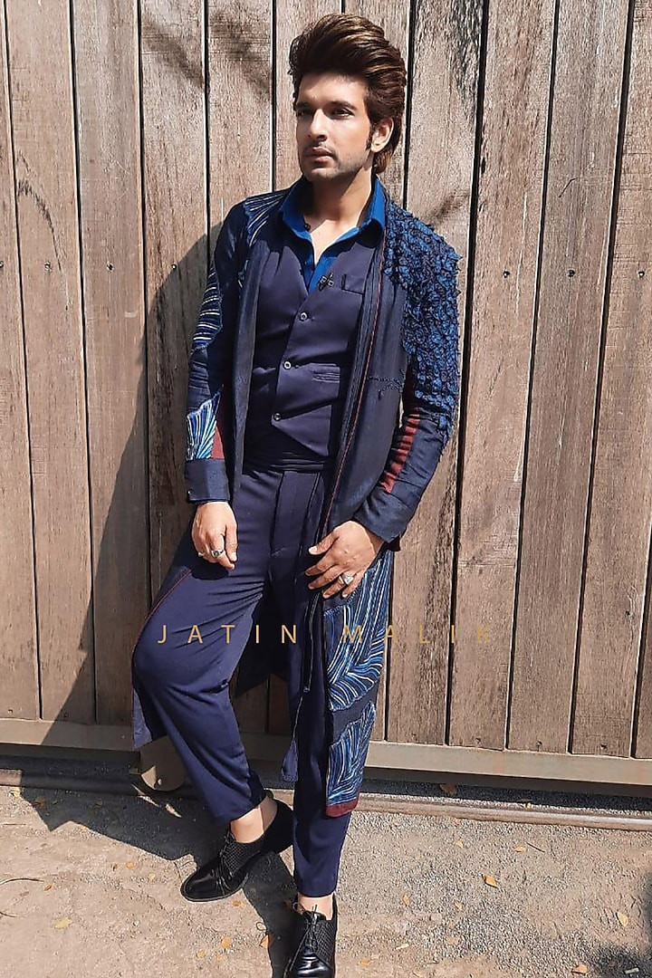Teal Blue Hand Painted Jacket With Kurta by Jatin Malik at Pernia's Pop Up Shop
