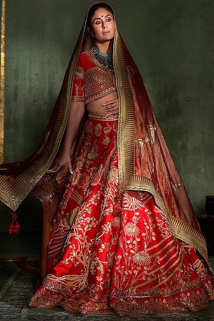 Red Raw Silk Thread & Sitara Embellished Lehenga Set by Masaba