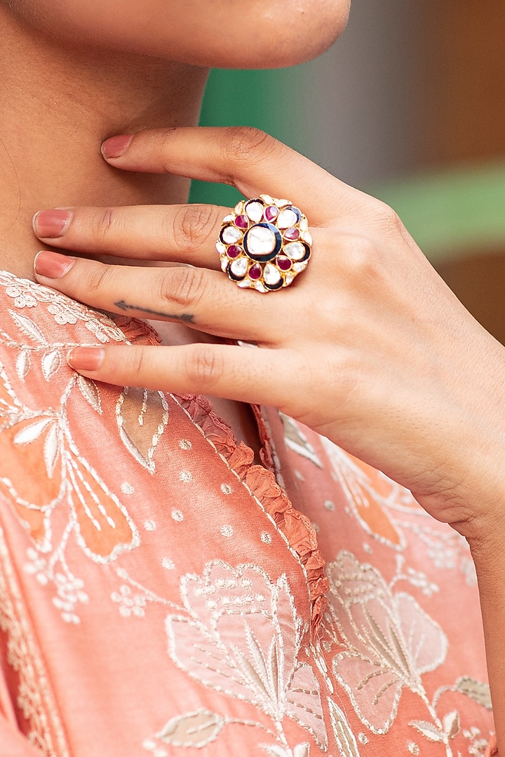 Gold Finish Enameled Ring In 92.5 Sterling Silver by Kaari at Pernia's Pop Up Shop
