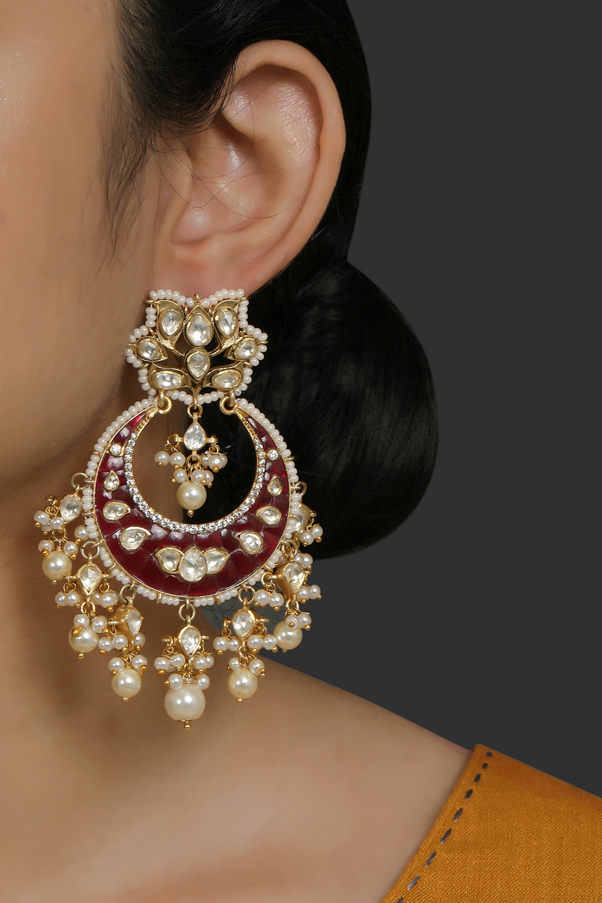 Marriage Golden Kemp Chandbali Earrings With White Pearls