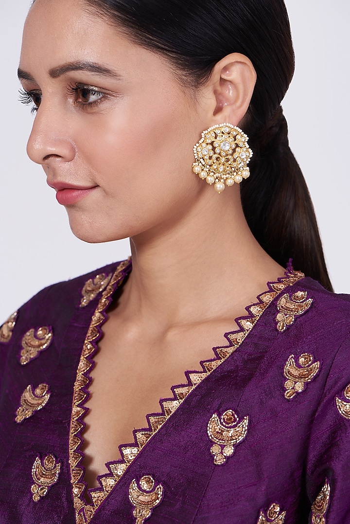 Gold Finish Pearl Stud Earrings In 92.5 Sterling Silver by Kaari at Pernia's Pop Up Shop