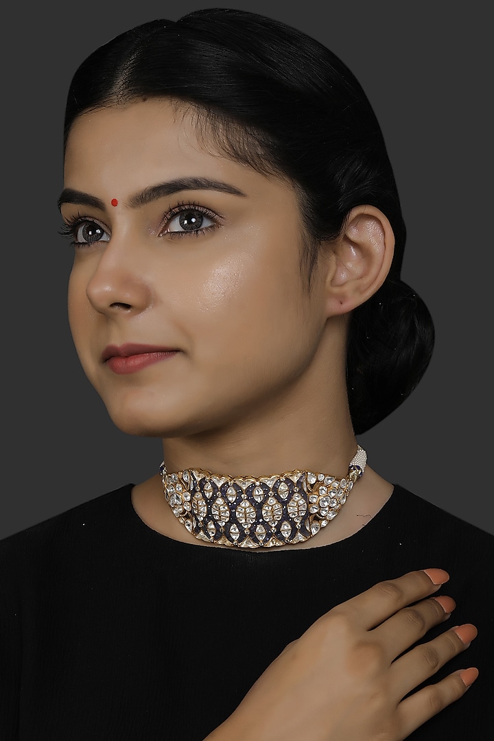 Gold Finish Pearl Choker Necklace Set In 92.5 Sterling Silver by Kaari