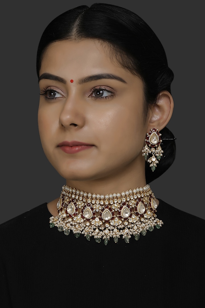 Gold Finish Pearl Choker Necklace Set In 92.5 Sterling Silver by Kaari