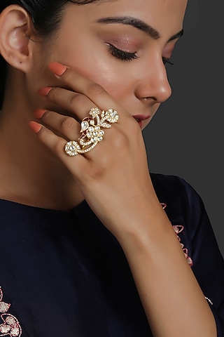 Gold Finish Two Finger Ring In 92.5 Sterling Silver by Kaari