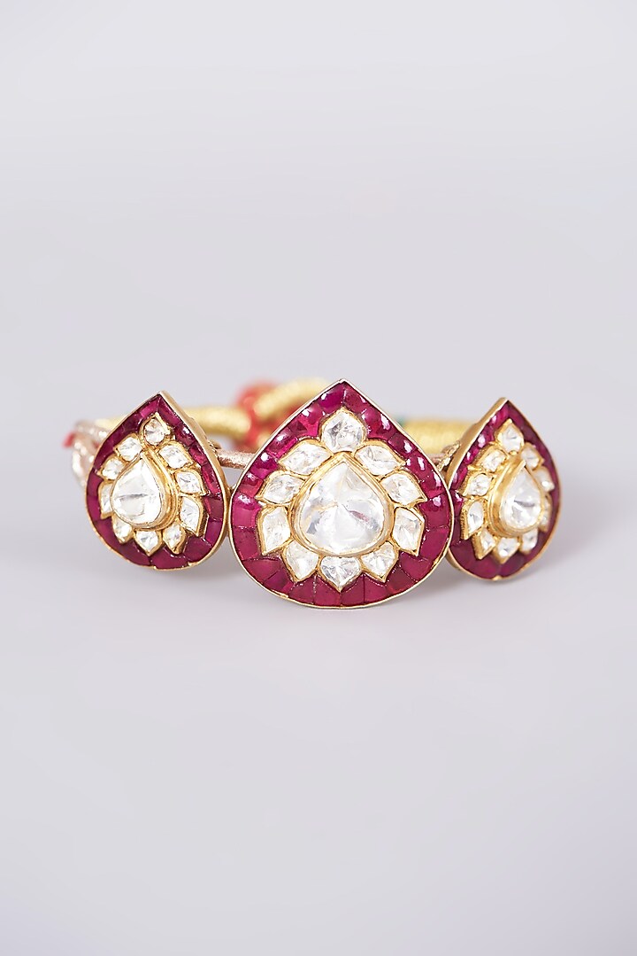 Gold Finish Kundan Polki Hand Cuff In Sterling Silver by Kaari at Pernia's Pop Up Shop