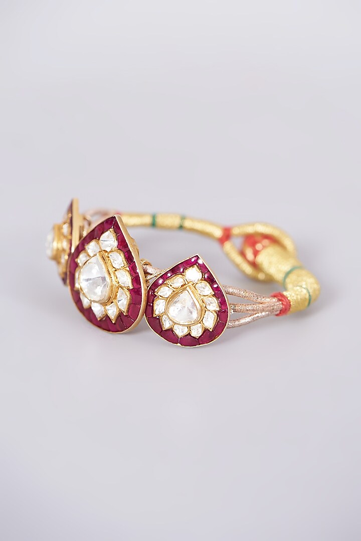 Gold Finish Kundan Polki Hand Cuff In Sterling Silver by Kaari at Pernia's Pop Up Shop