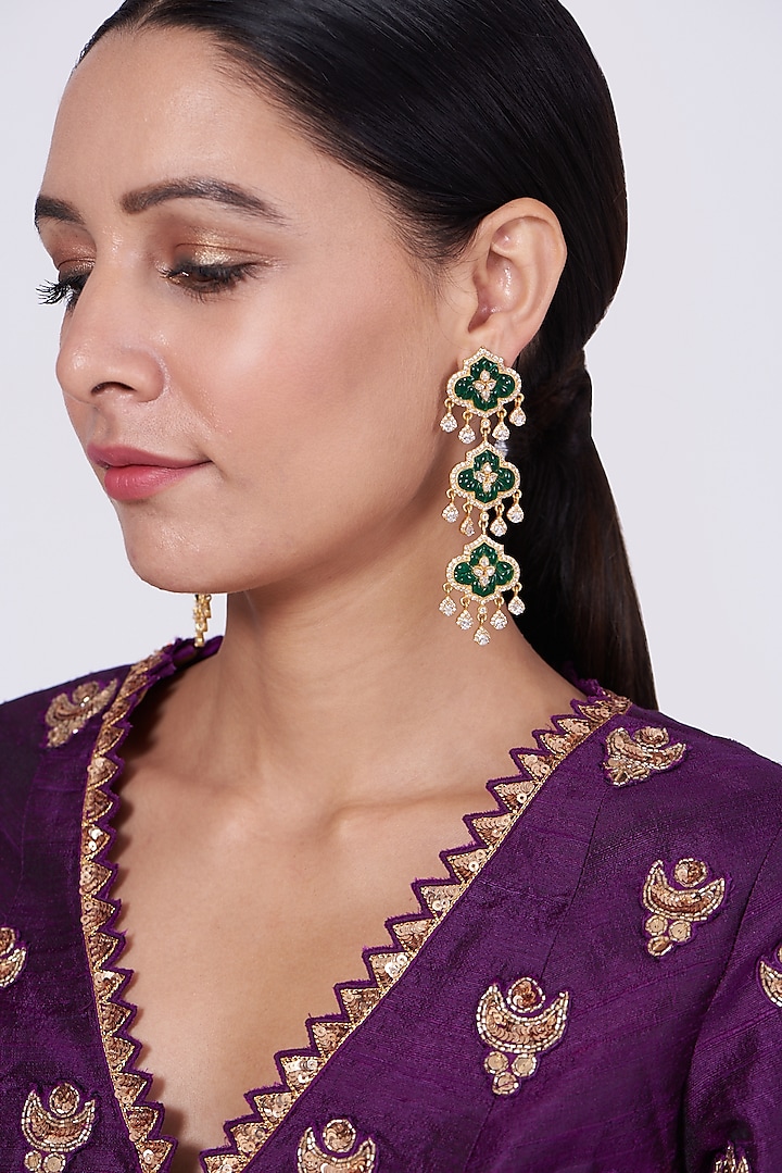 Gold Finish Earrings In Sterling Silver With Kundan Polki by Kaari