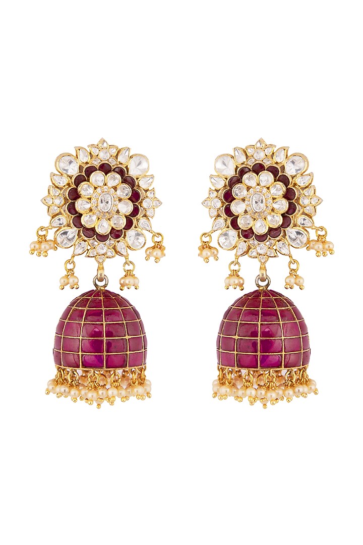 Gold Finish Pearl Jhumka Earrings In 92.5 Sterling Silver by Kaari at Pernia's Pop Up Shop
