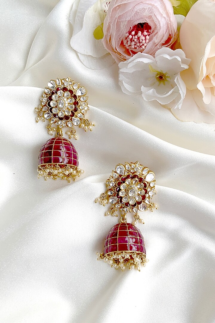 Gold Finish Pearl Jhumka Earrings In 92.5 Sterling Silver by Kaari at Pernia's Pop Up Shop