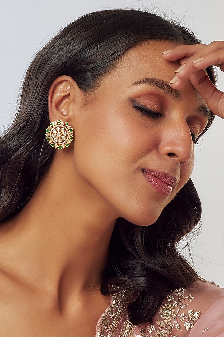 Gold Plated Moissanite Polki Floral Handcrafted Stud Earrings In Sterling Silver by KARISA DESIGNS at Pernia's Pop Up Shop