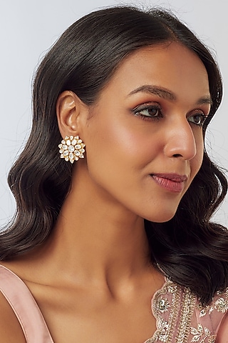Gold Plated Moissanite Polki Handcrafted Stud Earrings In Sterling Silver by KARISA DESIGNS