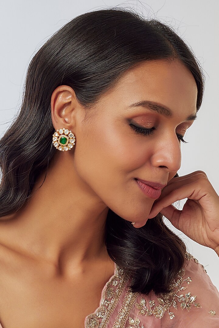 Gold Plated Moissanite Polki Handcrafted Stud Earrings In Sterling Silver by KARISA DESIGNS at Pernia's Pop Up Shop