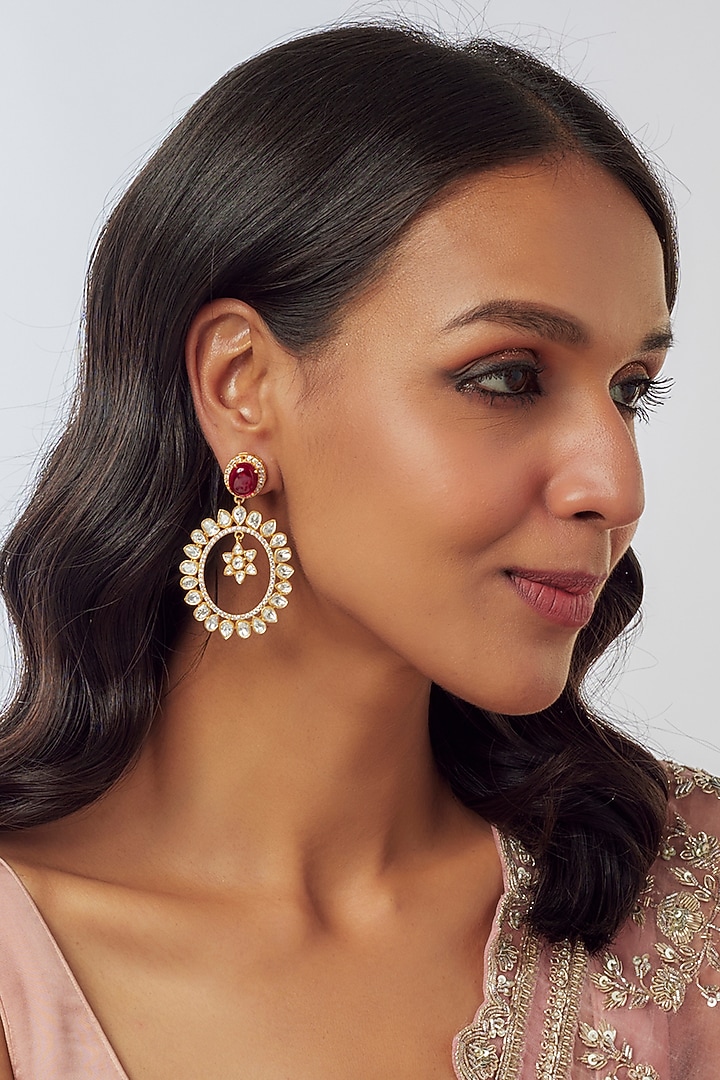 Gold Plated Moissantie Polki Handcrafted Dangler Earrings In Sterling Silver by KARISA DESIGNS at Pernia's Pop Up Shop