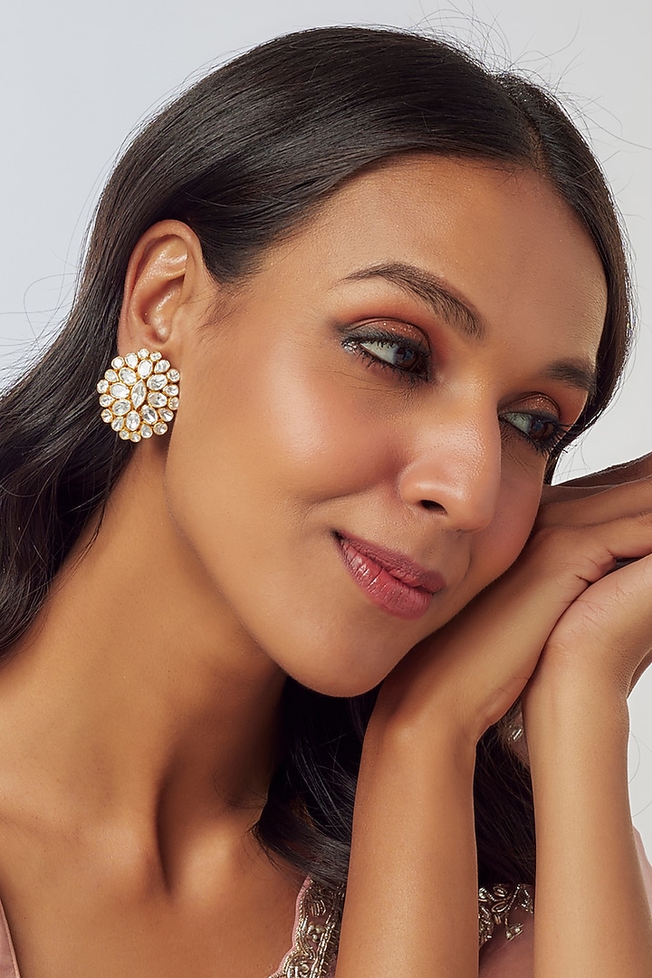 Gold Plated Moissanite Polki Handcrafted Stud Earrings In Sterling Silver by KARISA DESIGNS at Pernia's Pop Up Shop
