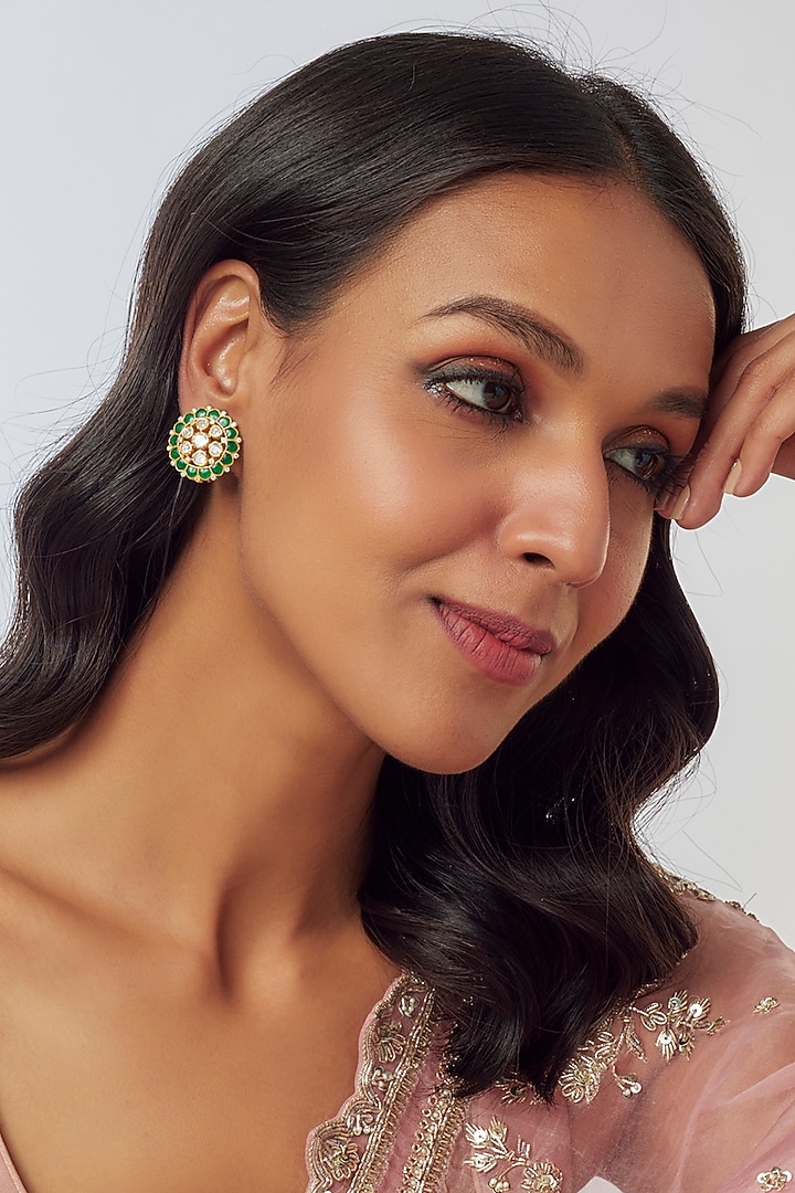 Gold Plated Moissanite Polki Handcrafted Stud Earrings In Sterling Silver by KARISA DESIGNS at Pernia's Pop Up Shop