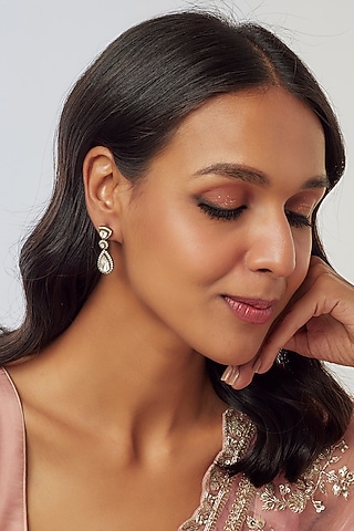 Black Rhodium Finish Kundan Polki Handcrafted Dangler Earrings In Sterling Silver by KARISA DESIGNS