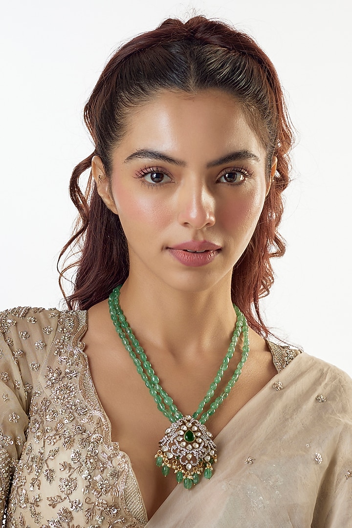 Black Rhodium Finish Moissanite Polki & Green Beaded Handcrafted Necklace In Sterling Silver by KARISA DESIGNS at Pernia's Pop Up Shop