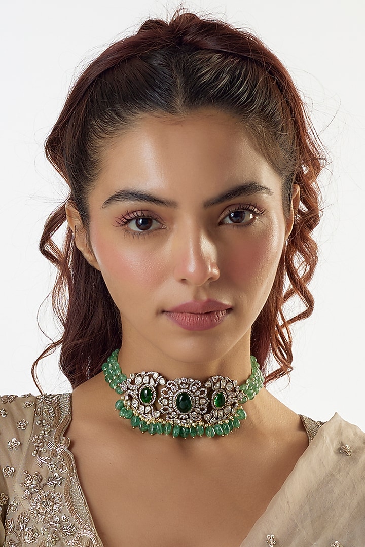 Black Rhodium Finish Moissanite Polki Handcrafted Choker Necklace In Sterling Silver by KARISA DESIGNS at Pernia's Pop Up Shop