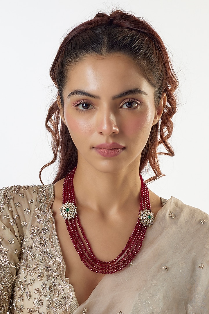Black Rhodium Finish Moissanite Polki & Red Beaded Handcrafted Necklace In Sterling Silver by KARISA DESIGNS at Pernia's Pop Up Shop