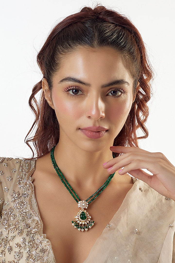 Gold Plated Moissanite Polki & Green Beaded Handcrafted Necklace In Sterling Silver by KARISA DESIGNS