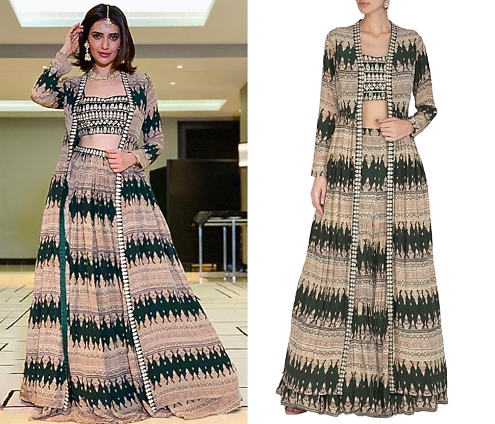 Bottle Green Embroidered Crop Top With Wedding Sharara Pants & Printed Cape by Bhumika Sharma at Pernia's Pop Up Shop