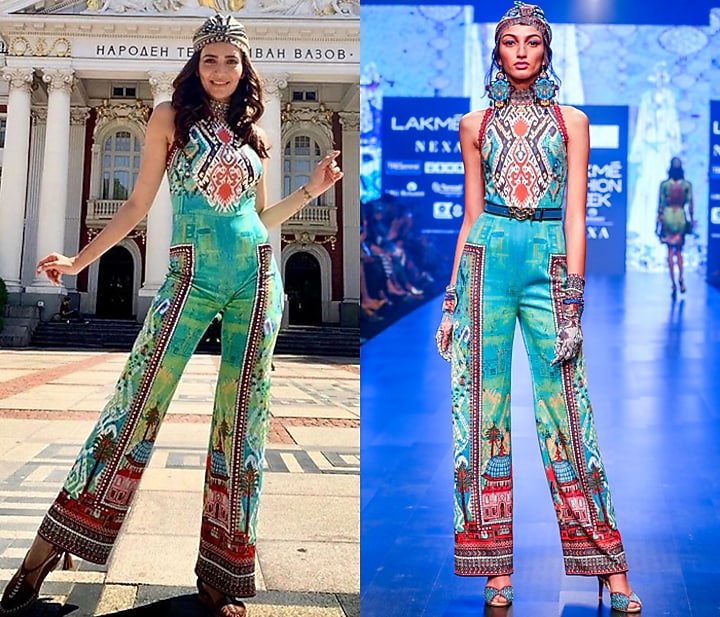 Turquoise Printed Halter Jumpsuit by Rajdeep Ranawat at Pernia's Pop Up Shop
