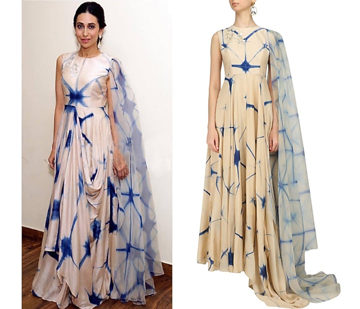 Beige and blue shibori one side dupatta kalidaar kurta available only at Pernia's Pop Up Shop.
