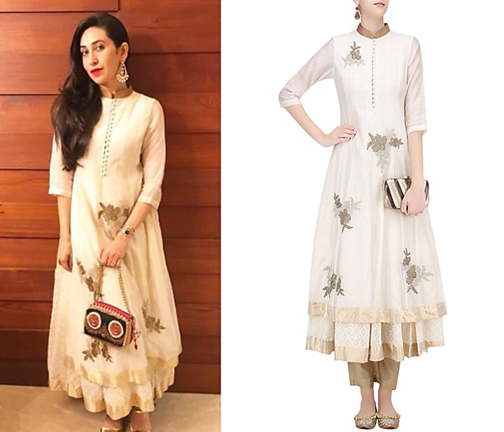 Off white floral embroidered kalidaar anarkali with gold pants available only at Pernia's Pop Up Shop.