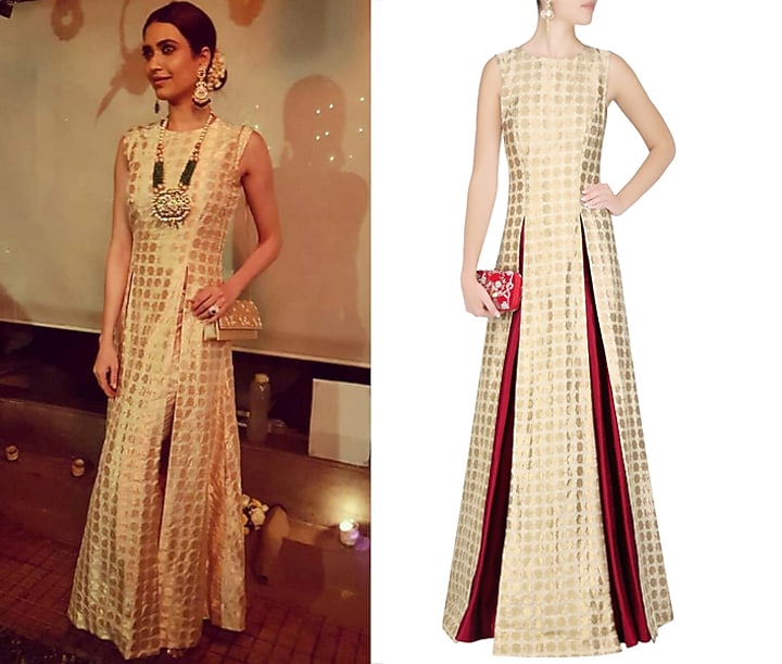 Beige star brocade high slit kurta and maroon lehenga set available only at Pernia's Pop Up Shop.