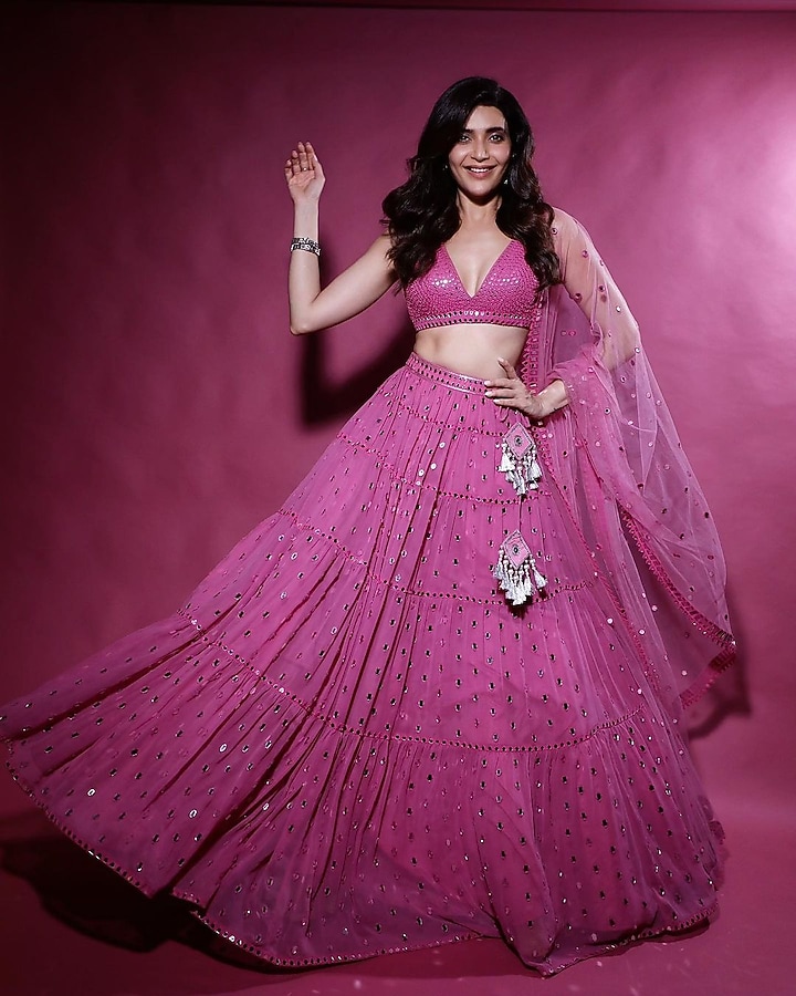 Pink Georgette Mirror Embroidered Wedding Lehenga Set by Vvani by Vani Vats at Pernia's Pop Up Shop