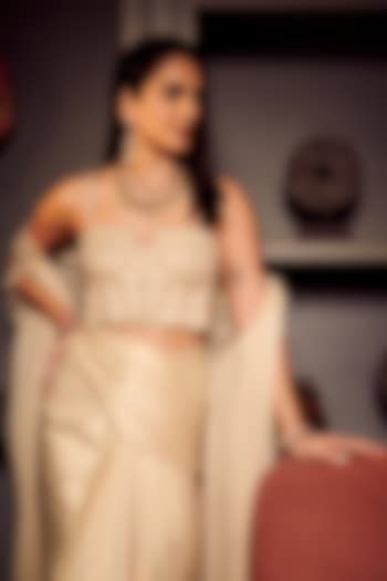 Off-White Crushed Organza Embellished Cape Set by Divya Aggarwal at Pernia's Pop Up Shop