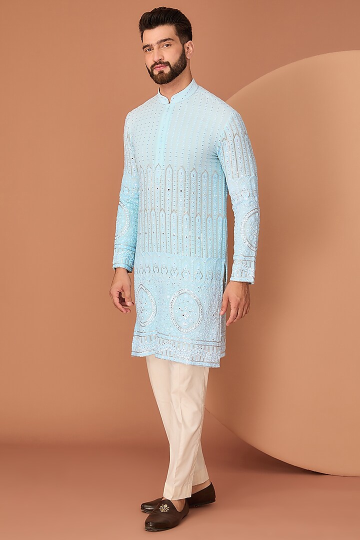 Sky Blue Georgette Ghera Embroidered Chikankari Kurta by Kasbah Clothing